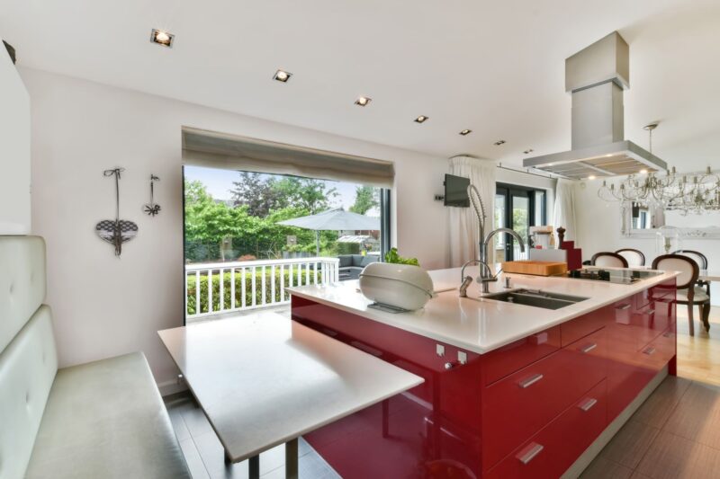 The interior of an open rich kitchen